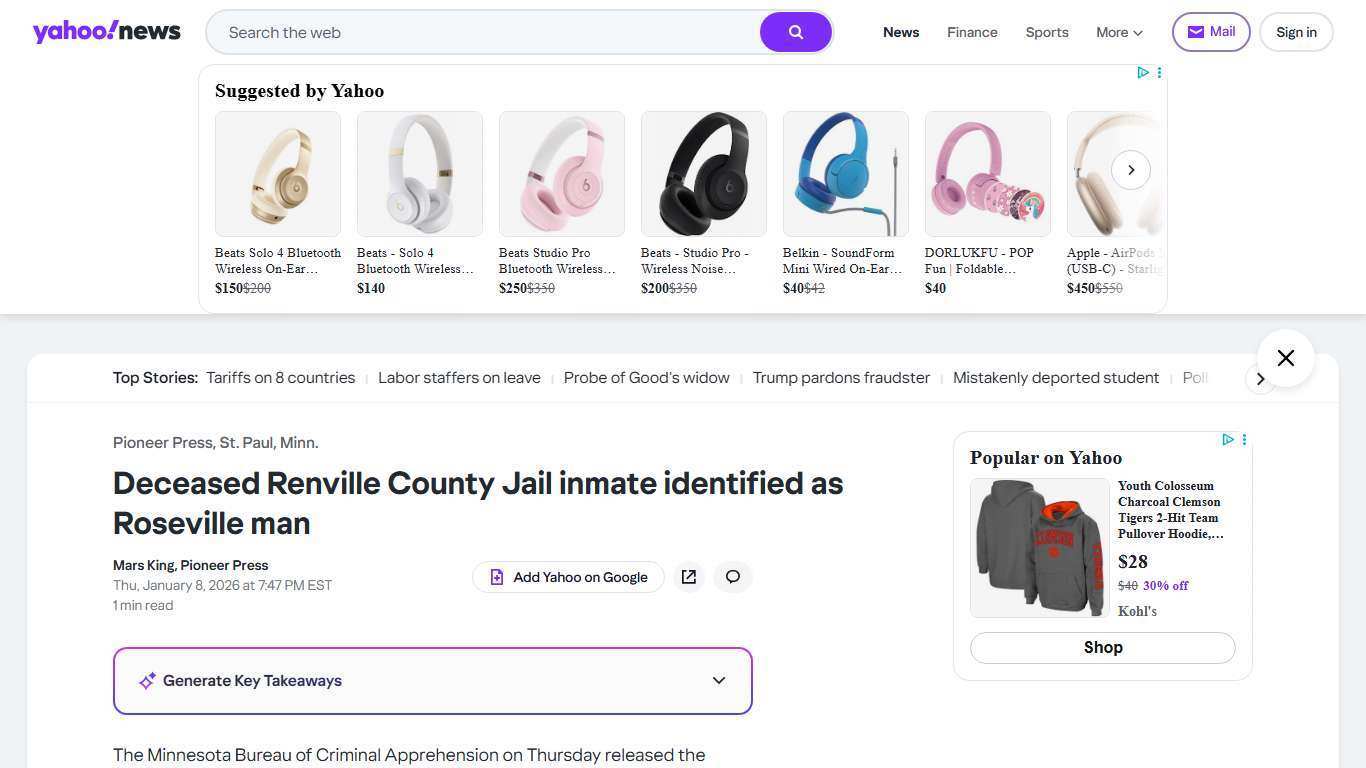 Deceased Renville County Jail inmate identified as Roseville man