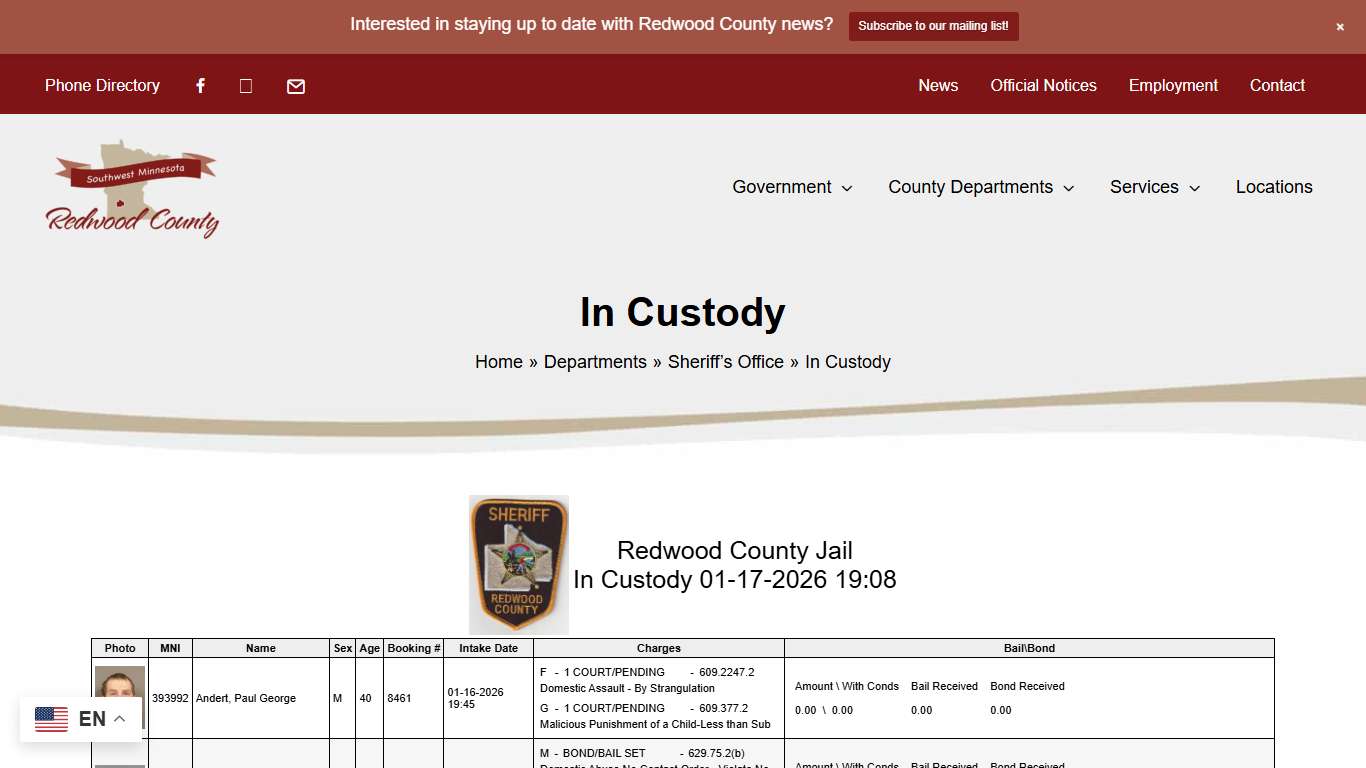 In Custody - Redwood County, MN